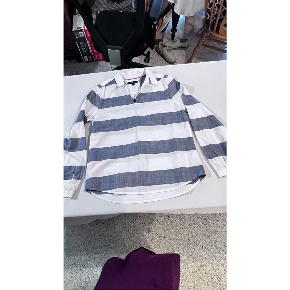 Tommy Hilfiger Women's Striped Colorblock Long Sleeves Top White/Gray Size PS